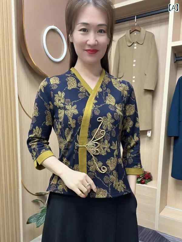 婦人服 秋冬 長袖 厚手 レトロ レディース Vネック チャイナ シャツ スリム 大きめサイズ マザー トップス Tシャツ レディース(4.0)