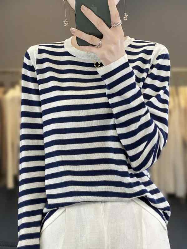 トップス レディース カジュアル おしゃれ 春先 女性 コントラスト ストライプ スプライシング セーター スリム 韓国 多目的 セーター
