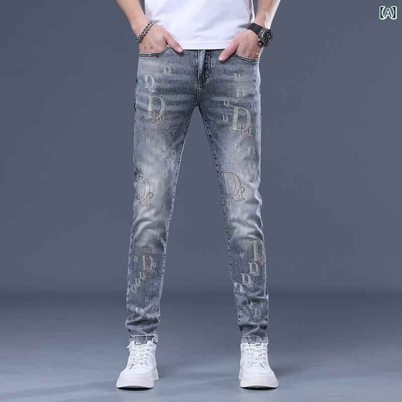 デニムパンツ メンズ アメリカ プリント メンズ ジーンズ スリム フィット カジュアル ロング パンツ ストレッチ デニム オールシーズン ストレートレッグ