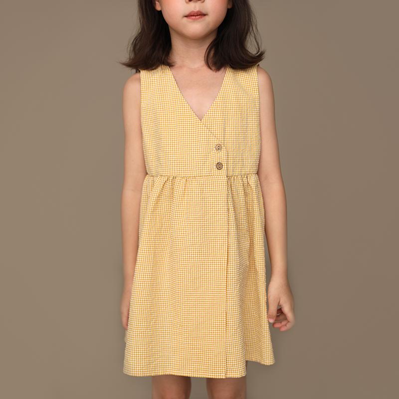 ドレス ワンピース キッズ かわいい ナチュラル 子供服 夏 女の子 子供 ノースリーブ クール ベビー ベスト Vネック チェック柄 オープン ボタン