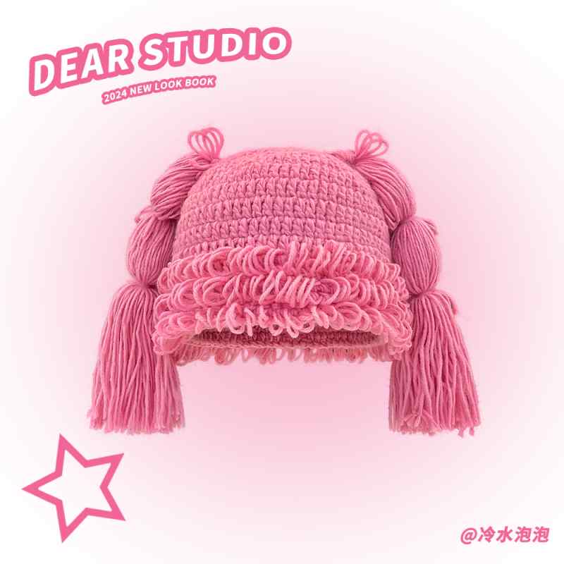 帽子 ニット帽 レディース おしゃれ ファッション かわいい ポップカルチャー ウィッグ風 ピンク ウー..