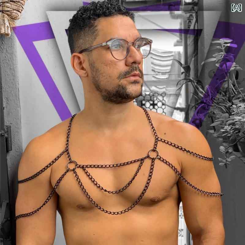 メンズ ボディチェーン 胸 ストラップ 金属 リング 無地 魅惑的 弾性 ショルダーストラップ 筋肉 男性 ..