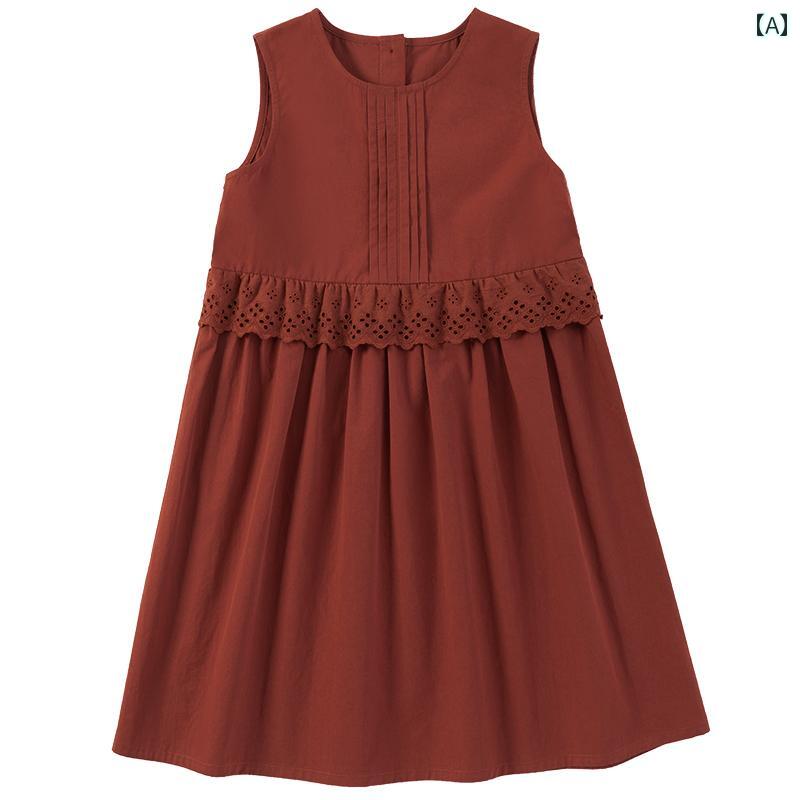 Occidental Goods - ドレス ワンピース キッズ かわいい ナチュラル 子供服 春夏 肌に優しい 綿 白 ルビー レッド レース ノースリーブベスト 女性用