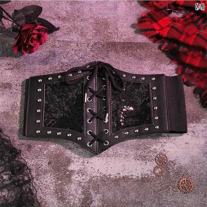 PU レディース ウエスト スパンコール キラキラ ガードル スムースバックル シングルループ スリム効果 レザー ブラック ウエストリボン アップ バンド フィット