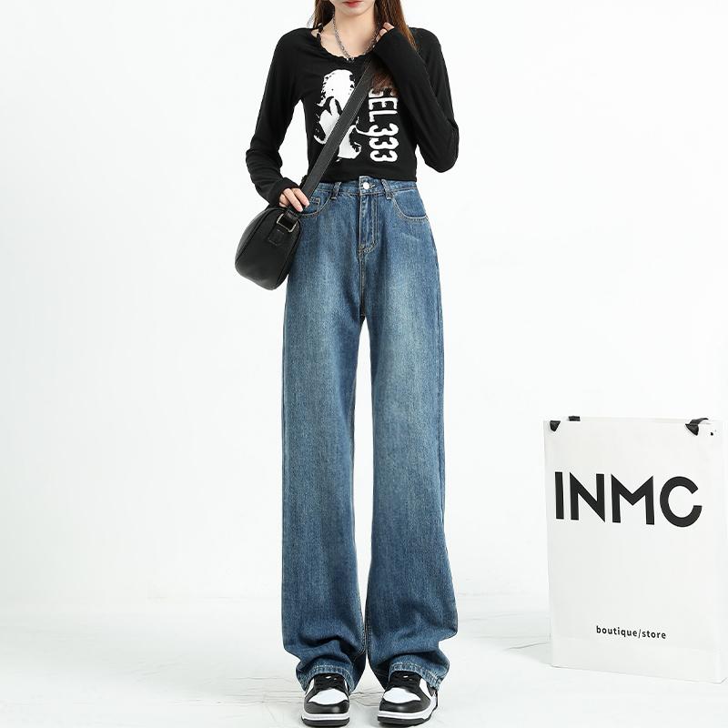 Straight Jeans - パンツ デニム レディース 秋冬 レトロ ジーンズ 女性 ドレープ ワイド レッグスリム ストレート フロア レングス