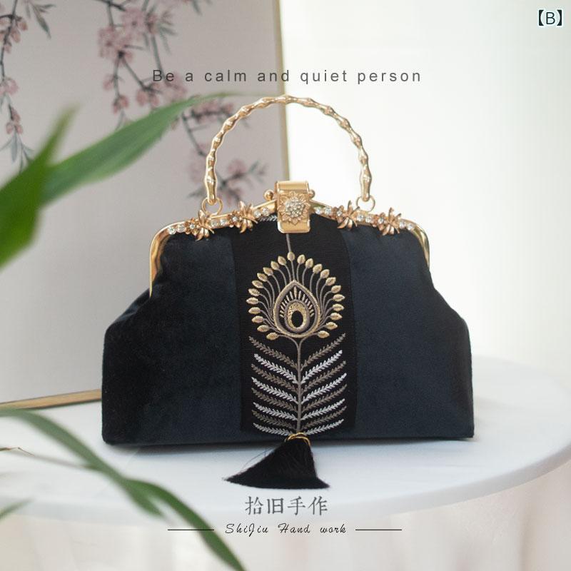 ハンドバッグ レディース 刺繍 タッセル レトロ チャイナ バッグ ゴールドクロス ボディ ハンドヘルド ママ バッグ 母の 日 ギフト