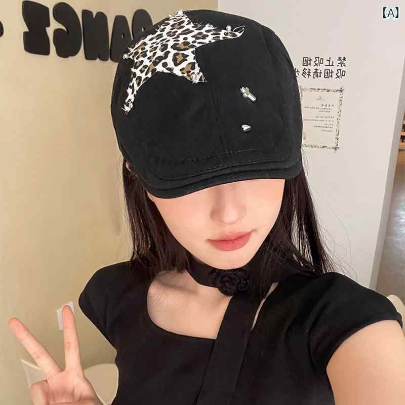 ハンチング帽 おしゃれ 帽子 ヒョウ柄 スター パッチ レディース 夏 レトロ ストリート ファッション ベレー風 キャスケット カジュアル 小顔効果 レオパード(4)