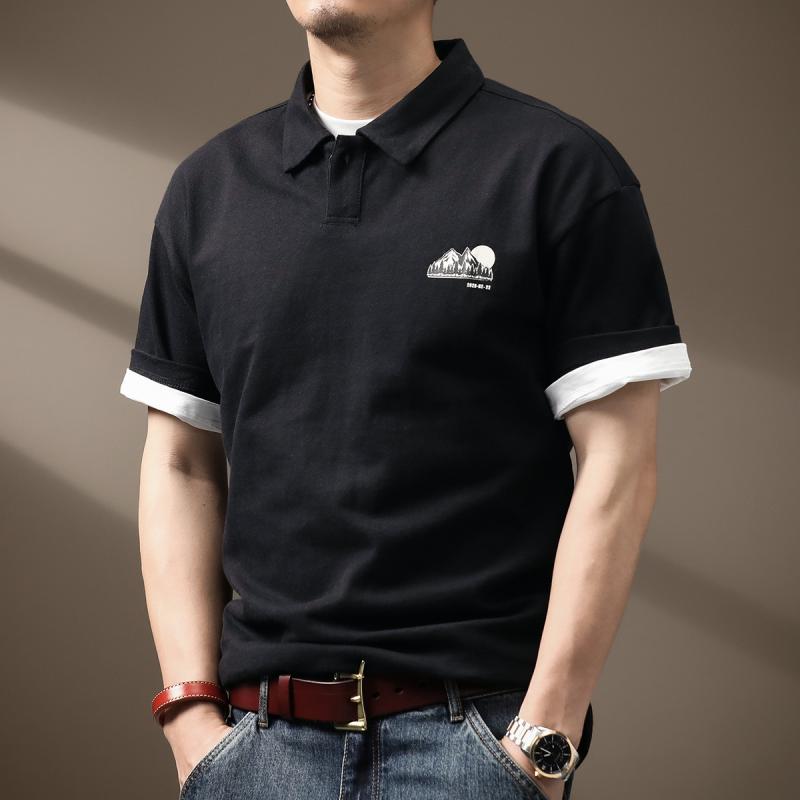 ポロシャツ アメリカン マウンテン プリント 半袖 メンズ レトロ コットン Tシャツ 豪華感 カジュアル ゆったり ストリート 都会 綿