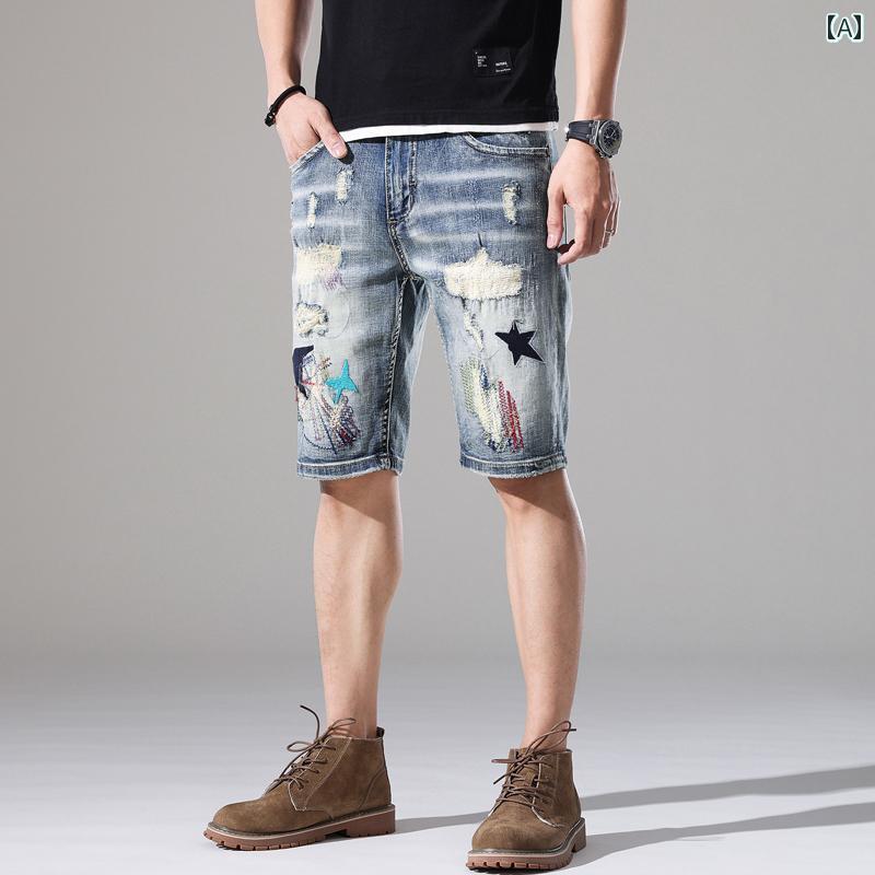 メンズ パンツ デニム サマー ボトムス ハーフ ズボン ミッド 半ズボン 五分丈 デニムショート 穴 刺繍 パッチ(4)