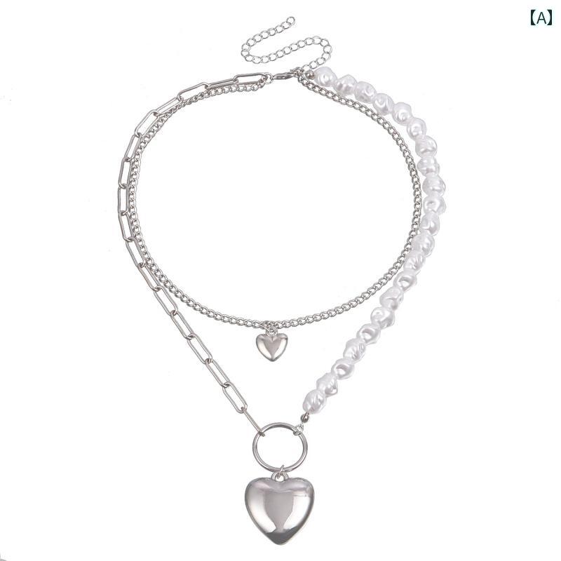 レディース ネックレス アクセサリー チェーン エスニック リゾート ビーチ 水着 海水浴 ビキニ アクセ アメリカン ジュエリー 特殊形状状 イミテーションパール ビーズ 鎖骨 女性用 二層 ラブ ペンダント