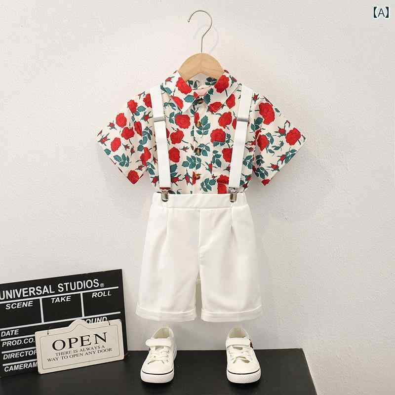 シャツ パンツ キッズ スーツ フォーマル 発表会 男の子 子供 夏 オーバーオール 夏 半袖 花柄 トップ スタイル カジュアル 海