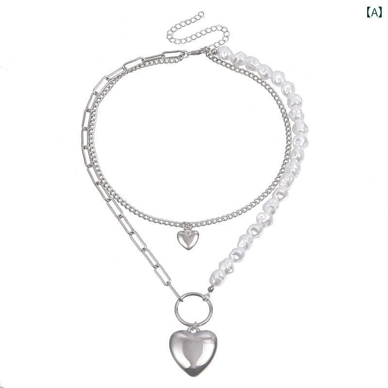 レディース ネックレス アクセサリー チェーン エスニック リゾート ビーチ 水着 海水浴 ビキニ アクセ 不規則 バロックパール スプライシング 合金 ダブル サイズ ピーチ ハート ペンダント非対称