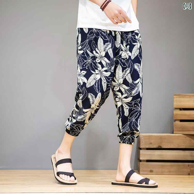 メンズ 夏 チャイナ風 レトロ 花柄 大きめサイズ カジュアル パンツ 足首 丈 クロップドパンツ 薄手 パンツ ファッション パンツ