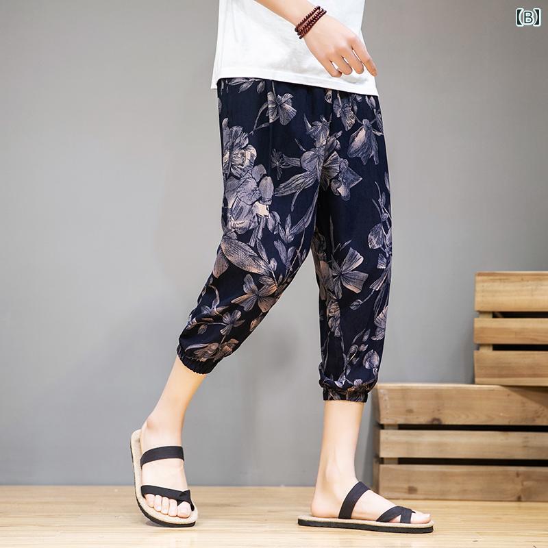 メンズ 夏 チャイナ風 レトロ 花柄 大きめサイズ カジュアル パンツ 足首 丈 クロップドパンツ 薄手 パンツ ファッション パンツ