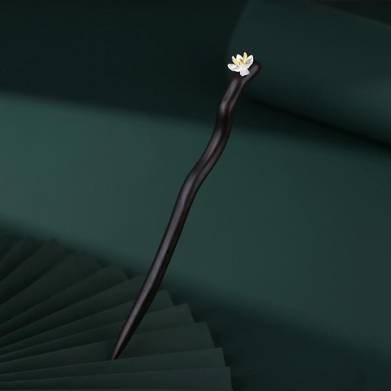 マグノリア 紫 白檀 ヘアピン レトロ 銀 象嵌 マグノリア ヘアピン レディース モダン 木 かんざし 着物