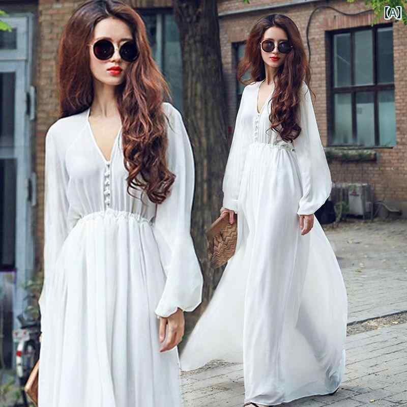 ロング ドレス 海辺 休暇 ボヘミアン ビーチ 丈 長袖 スリム レディース 夏 フェアリー シフォン シンプル ハイウエスト ホワイト ロングスカート