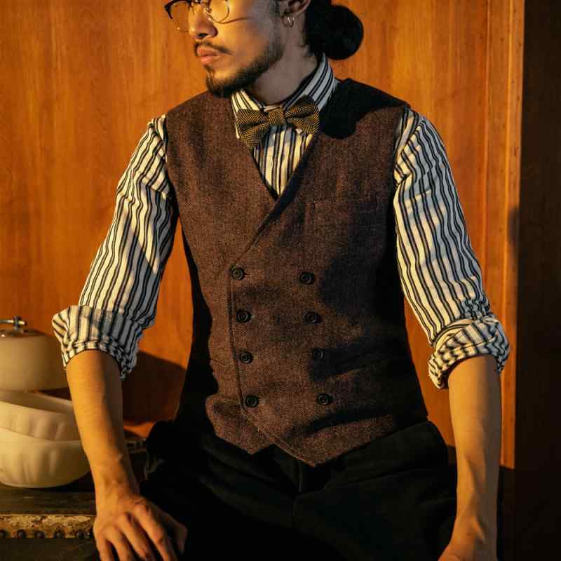 ベスト ジレ チョッキ トップス メンズ 紳士 秋冬 英国風 レトロ ダブルブレスト ファッション 大きめサイズ Vネック