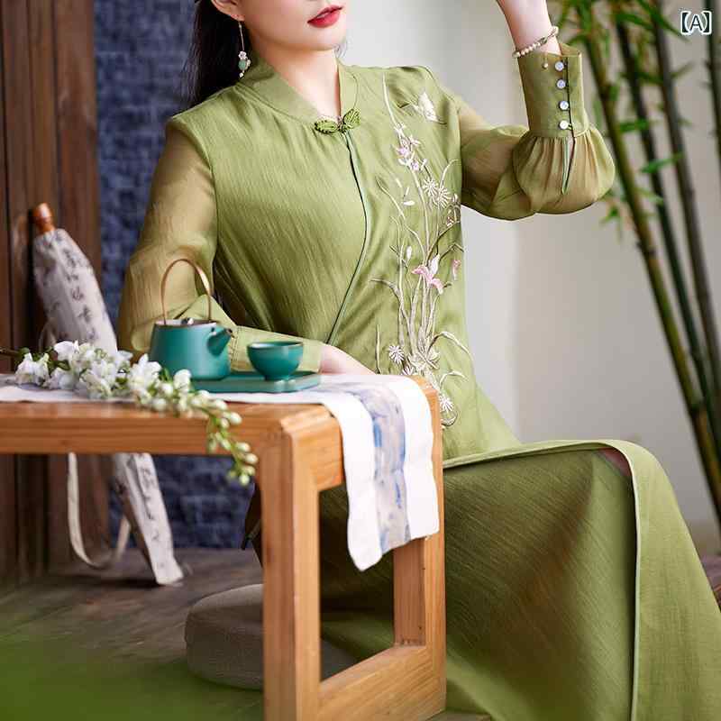 チャイナ ドレス ワンピース バックル 刺繍 中華風 女性 エスニック ロング スカート 中国 瞑想 茶 秋