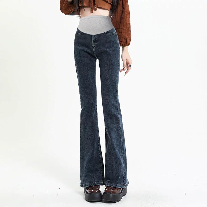 マタニティ パンツ 秋冬 マイクロフレア パンツ 大きめサイズ ボトジーンズ デニム 腹部サポート 起毛