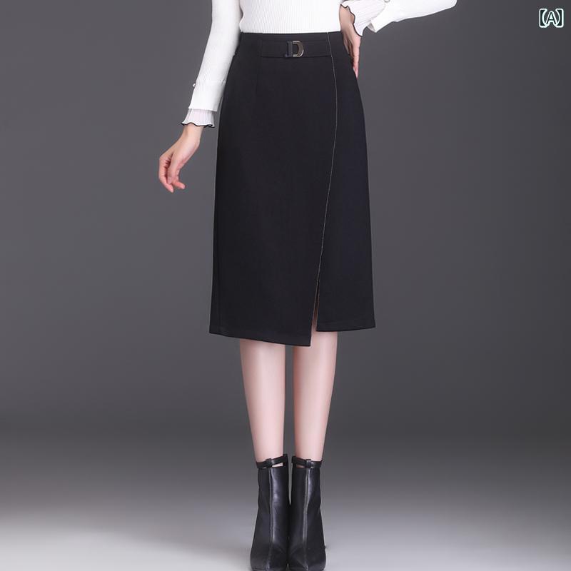 レディース ファッション スカート スリット ヒップカバー 春秋 ハイウエスト スリム カジュアル ブラック