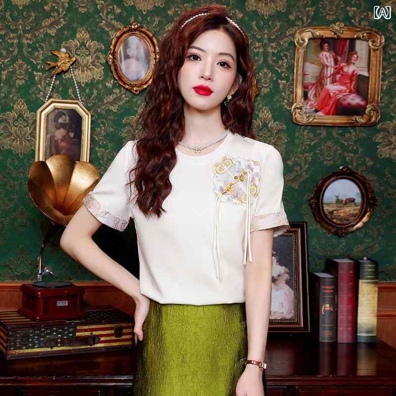 レディース 夏 シャツ きれいめ 爽か 中華風 女性 ラウンドネック t 風 刺繍 トップス