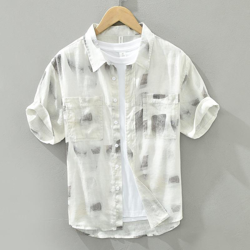 トップス シャツ メンズ スタイリッシュ おしゃれ リネン プリント マルチ ポケット 半袖 夏 薄手 カジュアル 通気性