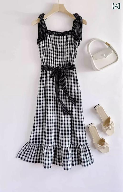 レディース チェック柄 サスペンダー ワンピース 夏 ファッション 軽やか 大人 通勤 Aライン ロング スカート ドット(4.0)