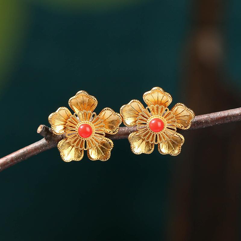 ピアス レトロ 漢服 アクセサリー 夏 金 メッキ フェイク 南赤椿 チャイナ風 アンティーク