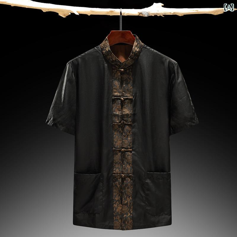 メンズ 夏 カジュアル 祥雲 半袖 唐 スーツ ノー アイロン シャツ アンティーク マルベリー パパ