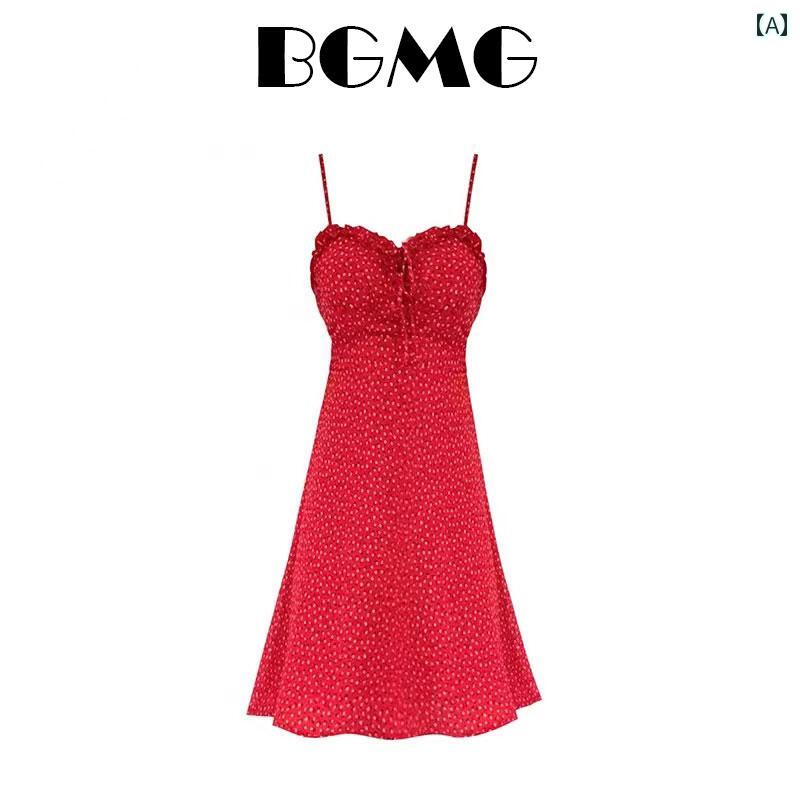 レディース ショート スカート ワンピース Sang Zhi 赤い 花柄 スリムフィット サスペンダー ドレス 着て V ネック ドローストリング ウエスト 細く a ライン 合わせて