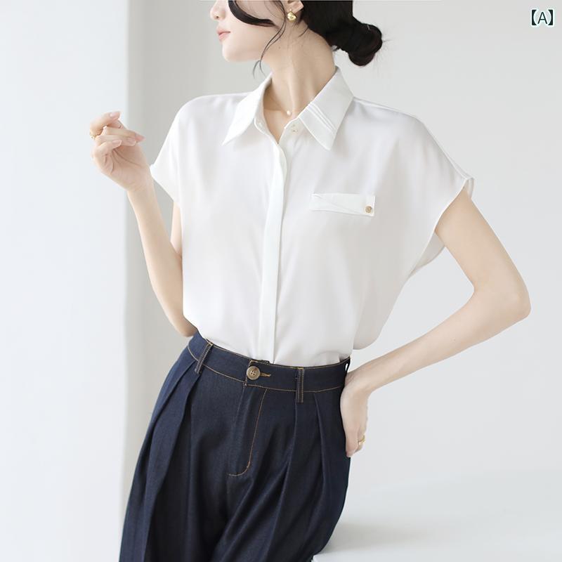 Rakuten - シャツ トップス レディース ブラウス ドロップ ショルダー 半袖 女性 夏 スリム ドレープ サテン 通勤 プロ インタビュー