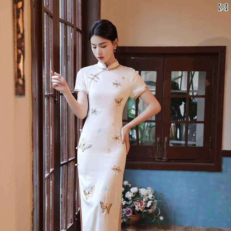 ドレス チャイナ エレガント 美しい 撮影衣装 レトロ スリム アセテート 蝶 刺繍 ハイエンド ロング 赤 女性