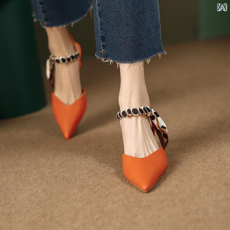 レディース 夏 ミュール パーティー おしゃれ フランス 革 ポインテッドトゥ ストラップ サンダル 女性 スタイル 包頭 薄 ヒール スカーフ 空 バック ハイヒール