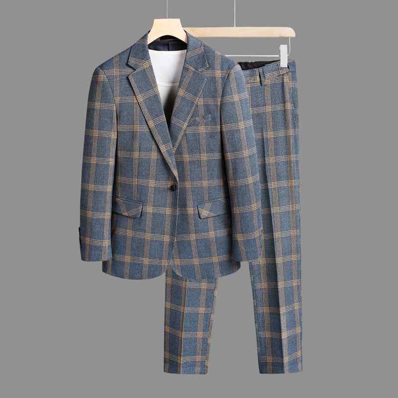 メンズ カジュアル おしゃれ チェック柄 セットアップ 春秋 ストライプ フィット 韓国 大きめサイズ ジャケット シングルブレスト ビジネスカジュアル 都会(4.0)