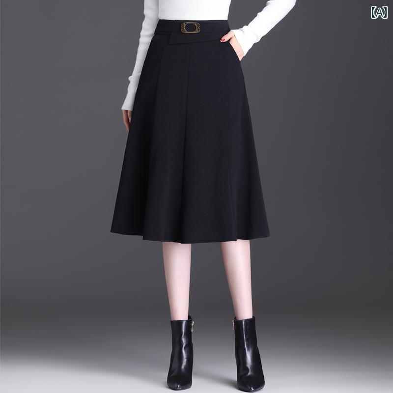 Aラインスカート レディース 春秋 プリーツ ミモレ丈スカート フレア オフィスカジュアル モダン ハイウエスト 婦人服 エレガント シン..