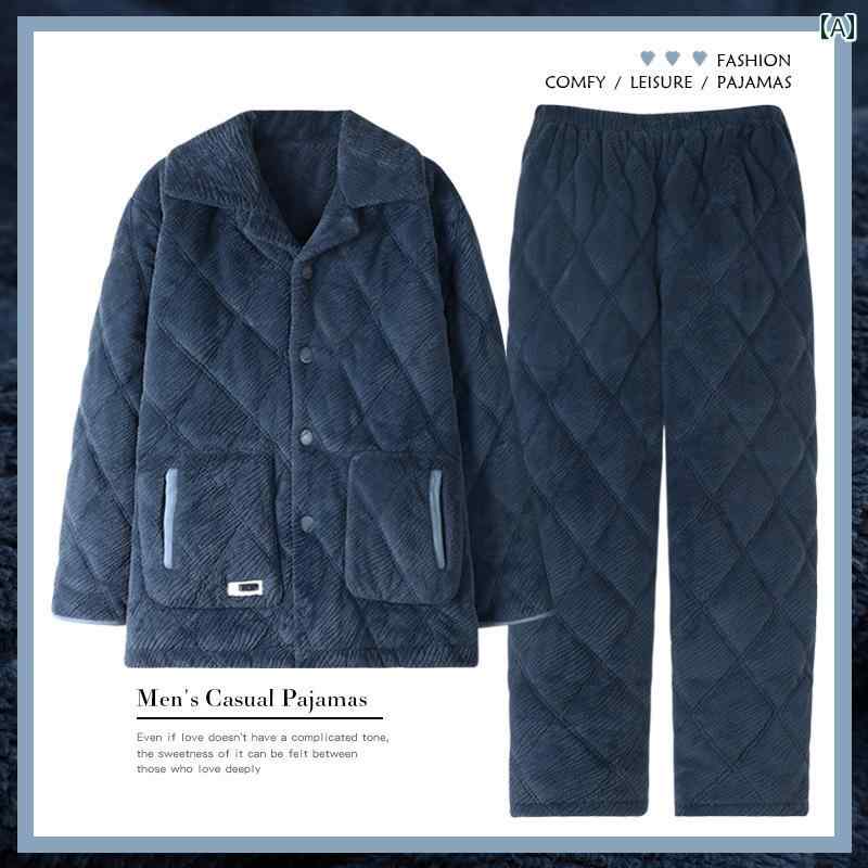 パジャマ ルームウェア ナイトウェア 三層 キルティング 男性 冬 裏起毛 厚手 サンゴ ベルベット ホーム 服 綿 ジャケット セット