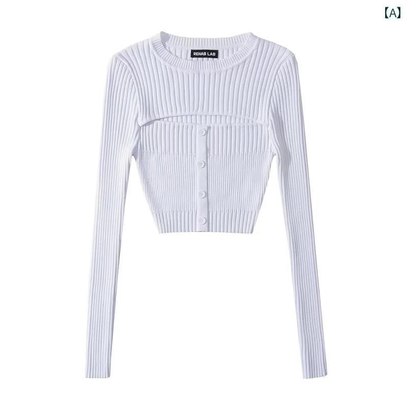 Three-Quarter Knit - トップス セーター レディース 注意 スリムフィット ラウンドネック セーター 女性 スタイリッシュ ガール インナー フェイク ツーピース ニット セーター
