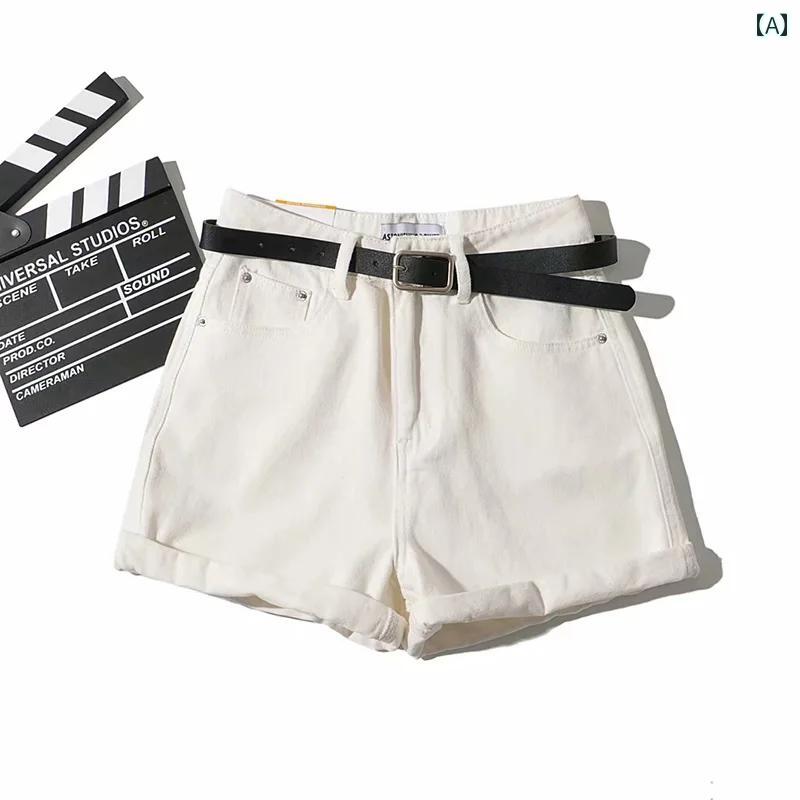 Short Pants - パンツ ホット レディース 着痩せ 効果 ベルト 快適 ハイウエスト デニムショートパンツ カール レッグ レトロ デニムショートパンツ イン ガール