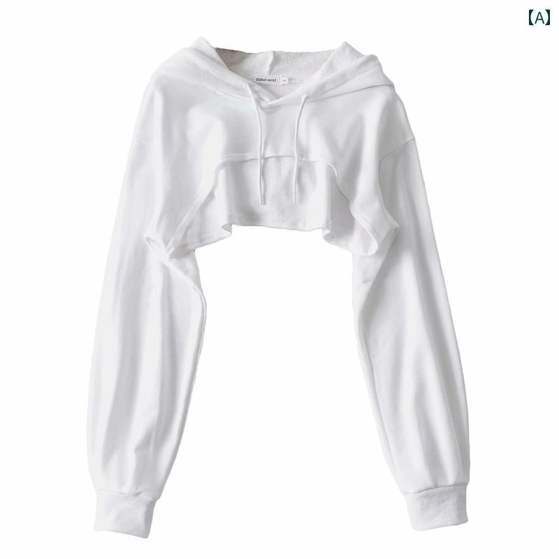 トップス フィットネス ウェア レディース パーカー 小柄 ストリート 不規則 フード ブラウス スタイリッシュ 長袖短 ドローストリング スウェットシャツ