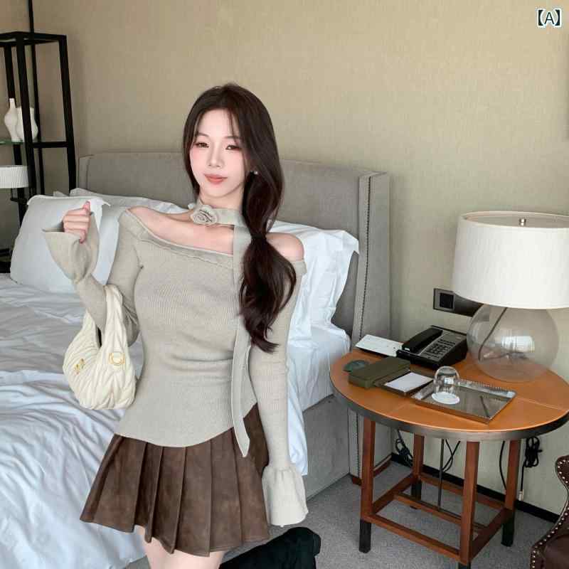 セーター レディース おしゃれ フランス 魅惑的 立体 フラワー ストラップ ハイエンド 明い ベルスリーブ セーター フリル ワン ライン ネック セーター