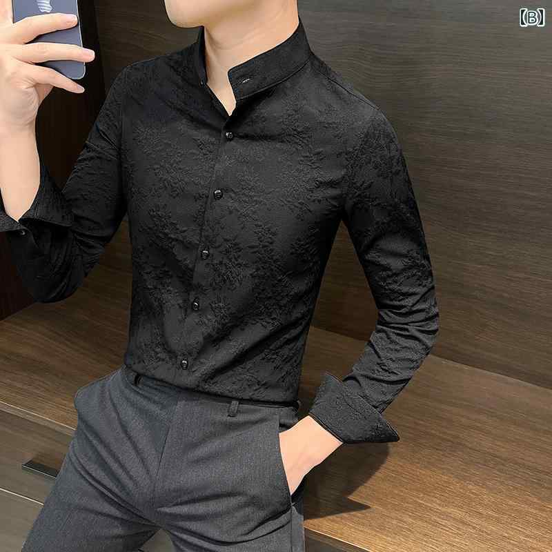 トップス シャツ メンズ カジュアル スタンドカラー 長袖 ハイエンド 中華風 チュニック スーツノー カラー ジャカード 春秋 花柄