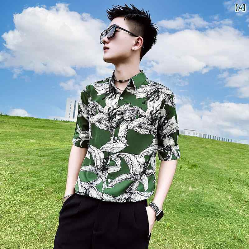 シャツ メンズ カジュアル ハワイアン フラワー 半袖 夏 冷感 ハイエンド シーサイド ビーチ バケーション 7 七分袖