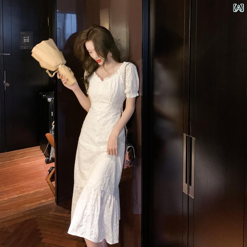 ドレス レディース ファッション かわいい 白 夏 フレンチ レトロ 薄型 パフスリーブ スーパー フェアリー 夏 スリム ロング レース