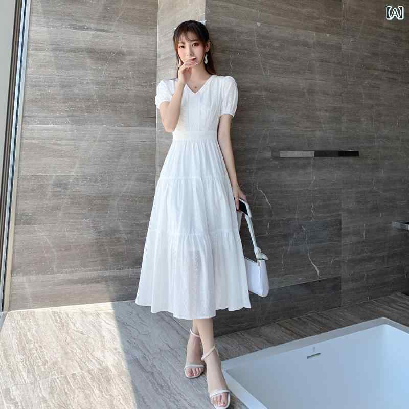 Rakuten - ドレス レディース ファッション かわいい 白 夏 スーパー フェアリー フレンチ ウエスト スリム 小さい フレッシュ ミドル丈