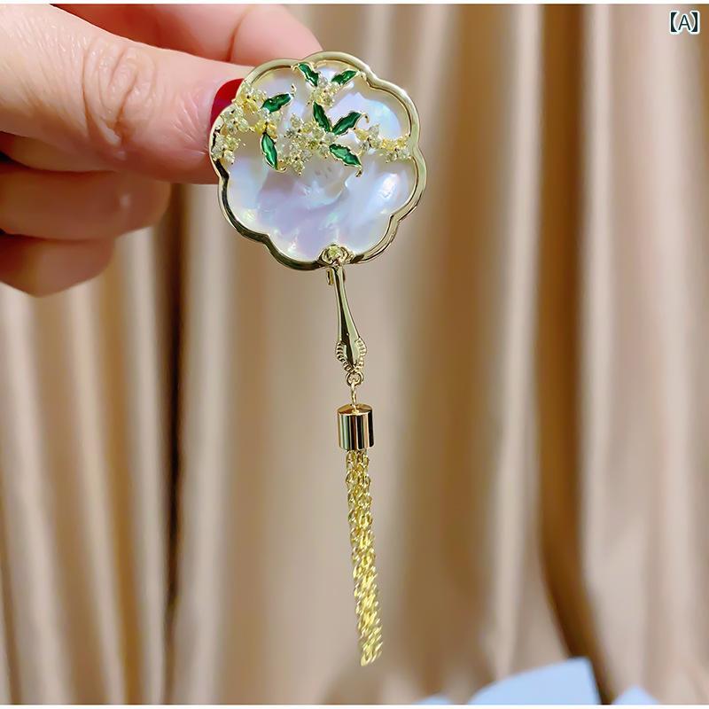 ブローチ おしゃれ レディース アクセサリー ハイエンド エスニックファッション 螺鈿 ファン ブローチ 梅花 8月 月桂樹 タッセル ピン パールアクセサリー