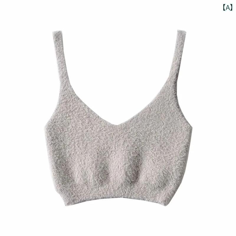 シャツ レディース ファッション イン モヘア 若々しい ベスト 女性 ショート へそ出し ニット サスペンダー