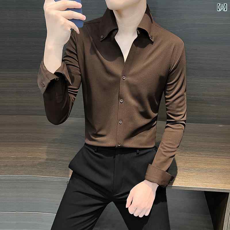 シャツ メンズ カジュアル フレンチ ラージ カラー 長袖 春秋 高級感 ビジネス ハイエンド ストレッチ シームレス ワッフル Vネック