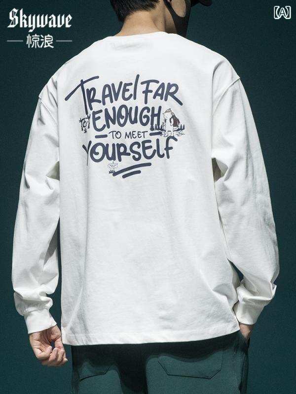 シャツ トップス メンズ 用 ヘビーウェイト コットン Tシャツ 長袖 ゆったり 大きいサイズ レター プリント レイヤリング プラス