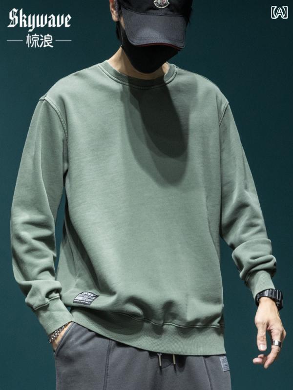 トップス メンズ アメリカン レトロ ウォッシュ スウェットシャツ トレーナー 大きめ サイズ カップル 着用 無地 長袖 ラウンドネック カジュアル