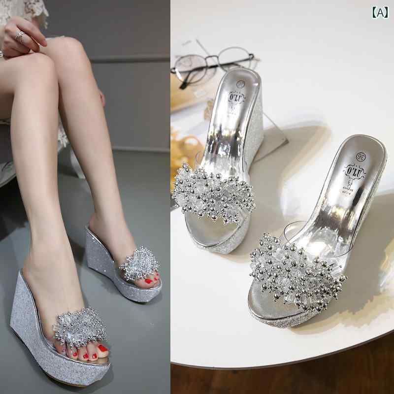 レディース ラインストーン サンダル 内側 高い ウェッジ スーパー ハイヒール 厚手 ソール スパンコー..